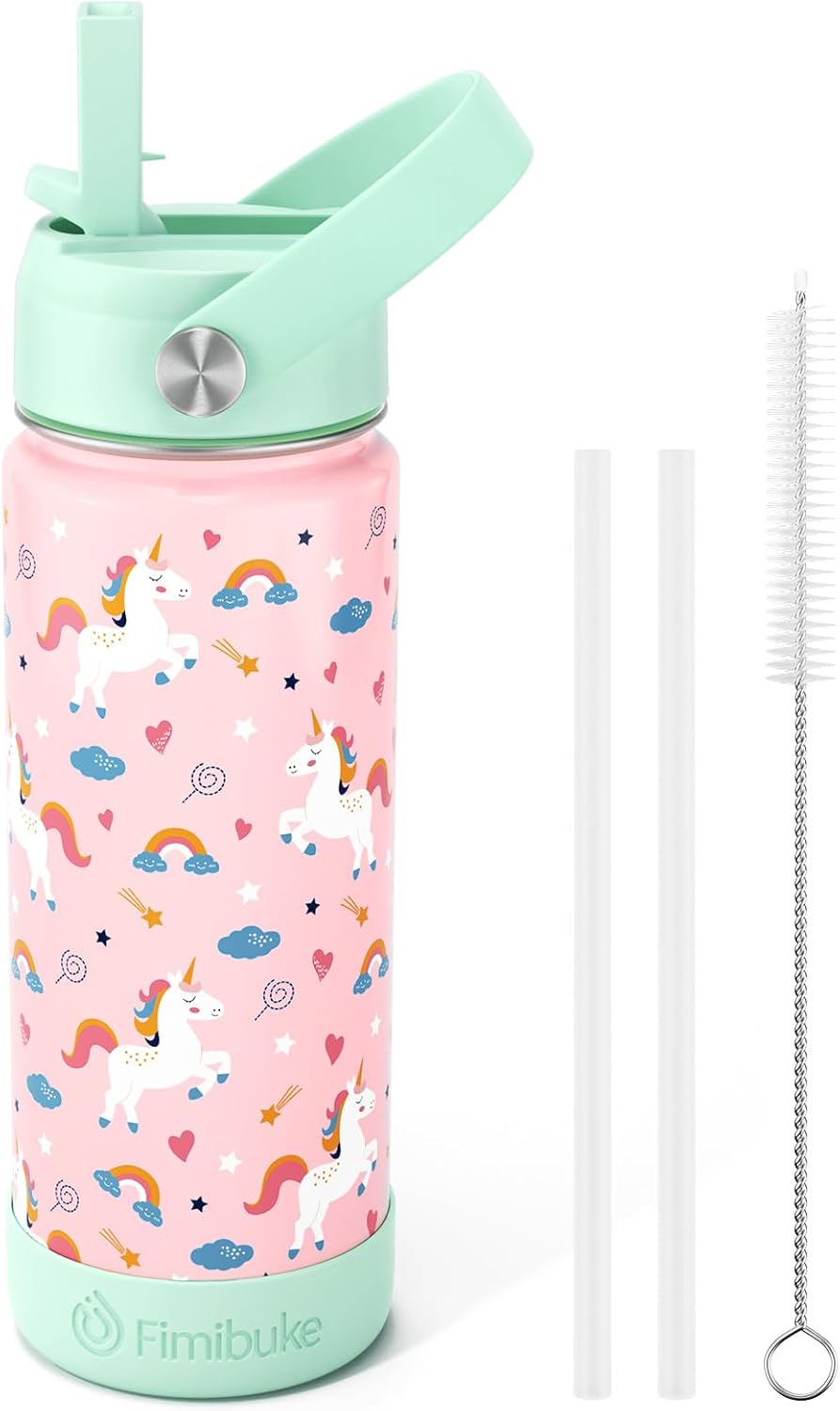 Botella de agua isotérmica Fimibuke para niños, 532 ml (18 oz), libre de BPA, de acero inoxidable 18/8, con pajita, vaso de viaje de doble pared al vacío a prueba de fugas, ideal para niños y niñas en edad escolar (1 unidad, unicornio).