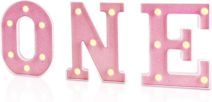 O N E Números iluminados, letra LED de primer cumpleaños, 3 unidades, luces de número uno para niñas, niños y bebés, suministros de decoración de fiesta de cumpleaños de 1 año, rosa