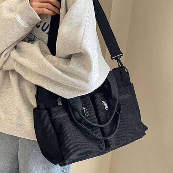 Bolso de mujer a rayas con bolsillo frontal con cremallera, plegable y fácil de llevar. Bolso de hombro versátil de lona y pana.