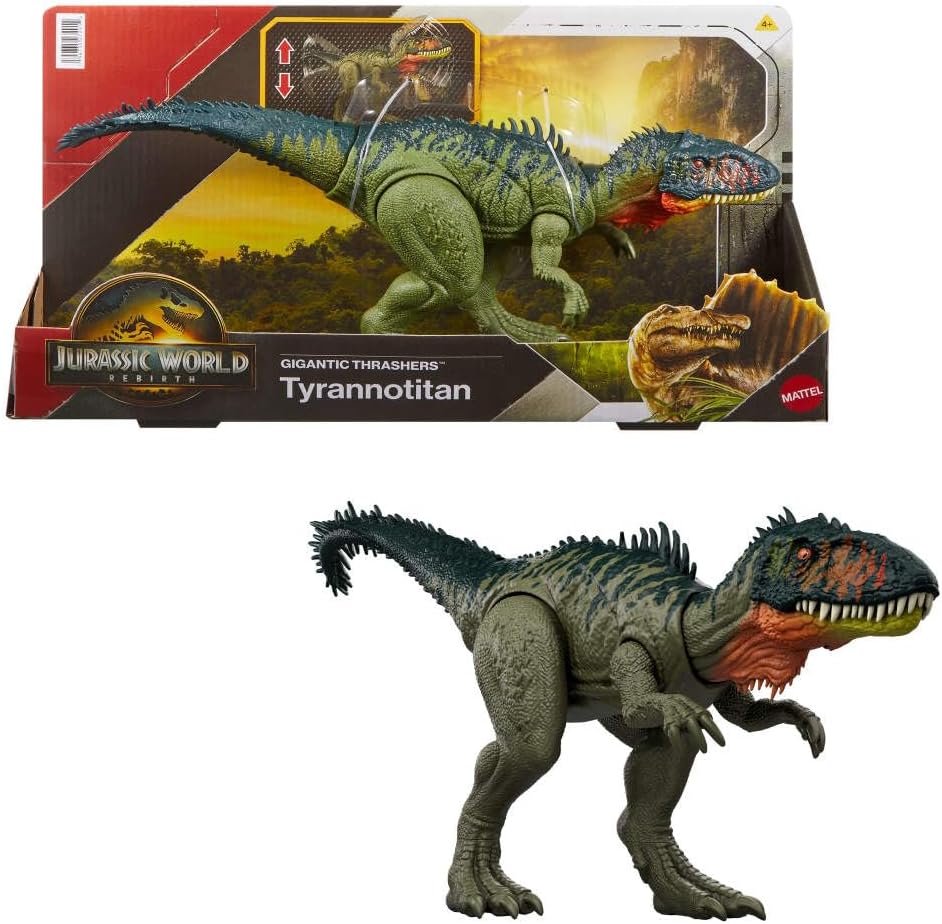 Mattel Jurassic World Rebirth Gigantic Thrashers Tyrannotitan | Figura de Dinosaurio con 2 Ataques Activados por Cola