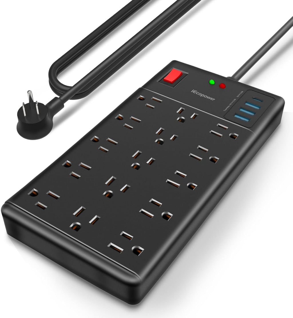Regleta con Protector de Sobretensiones | 15 Tomas Espaciadas y 4 Puertos USB (1 USB-C) | Cable 14 AWG de 5 Pies | 1875W/15A, 2800J | Negro