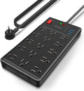 Regleta con Protector de Sobretensiones | 15 Tomas Espaciadas y 4 Puertos USB (1 USB-C) | Cable 14 AWG de 5 Pies | 1875W/15A, 2800J | Negro