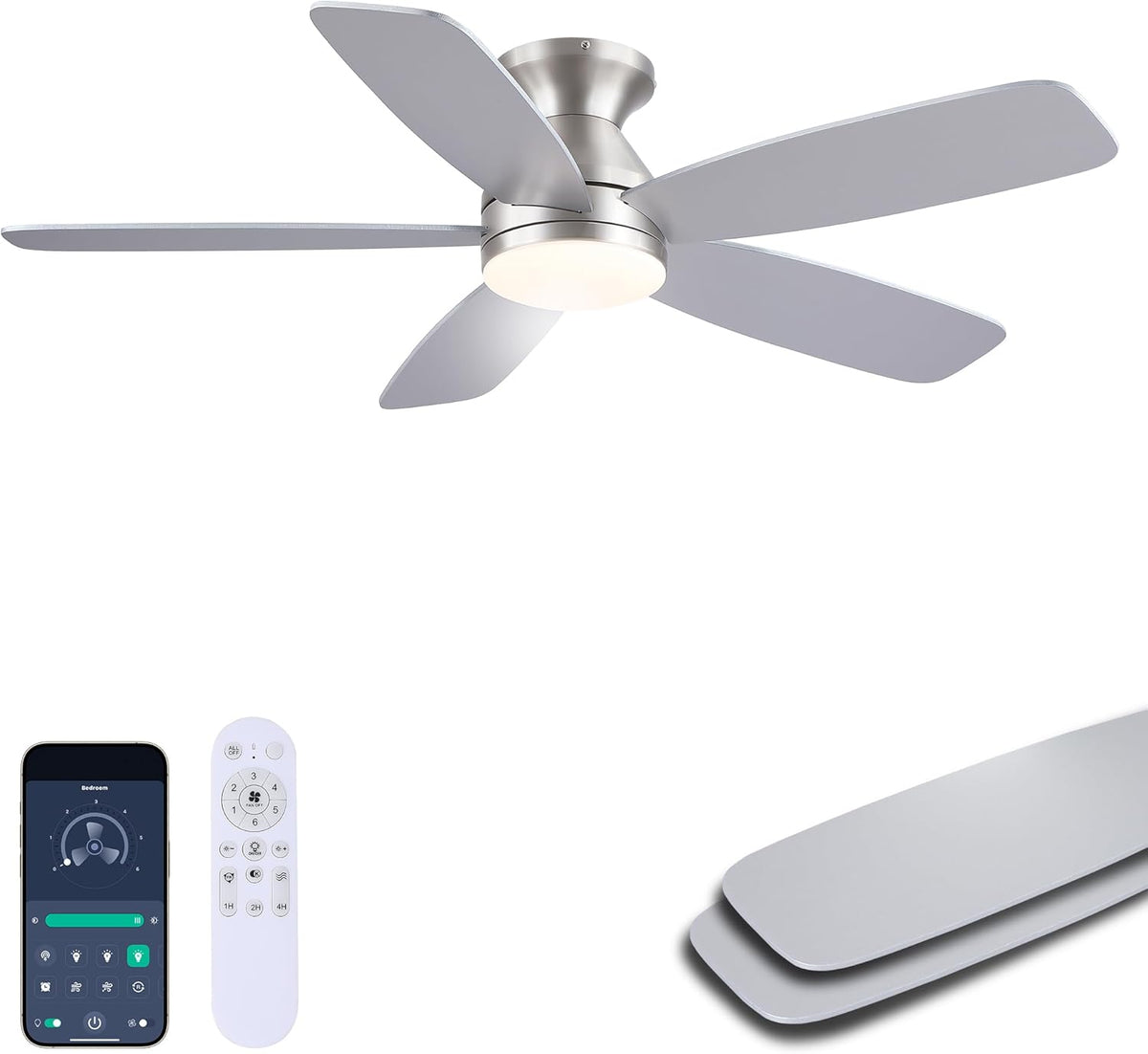 Ventilador de techo JSAITEE con luz, ventilador de techo de perfil bajo de 42 pulgadas con luz y control remoto/por aplicación, montaje empotrado, reversible, 3CCT, regulable, silencioso, ventilador de techo niquelado para uso interior/exterior.