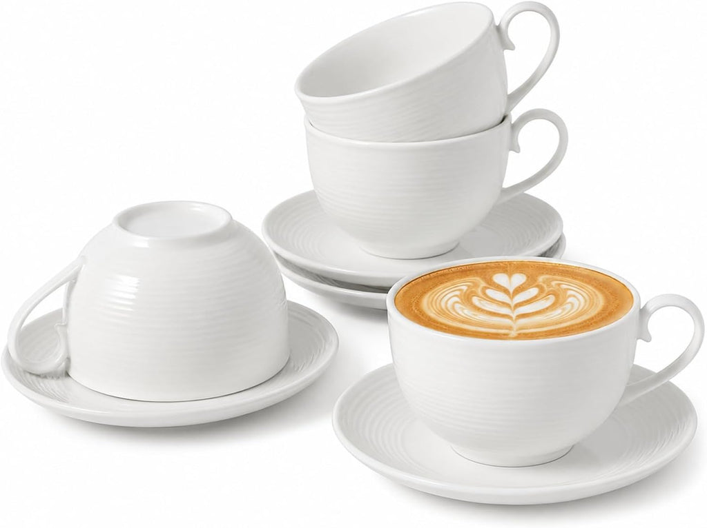 SumitlEyao Juego de 4 tazas de café blancas con platillos, tazas de capuchino de cerámica de 295 ml, aptas para microondas y lavavajillas, para el hogar y cafeterías.