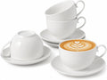 SumitlEyao Juego de 4 tazas de café blancas con platillos, tazas de capuchino de cerámica de 295 ml, aptas para microondas y lavavajillas, para el hogar y cafeterías.