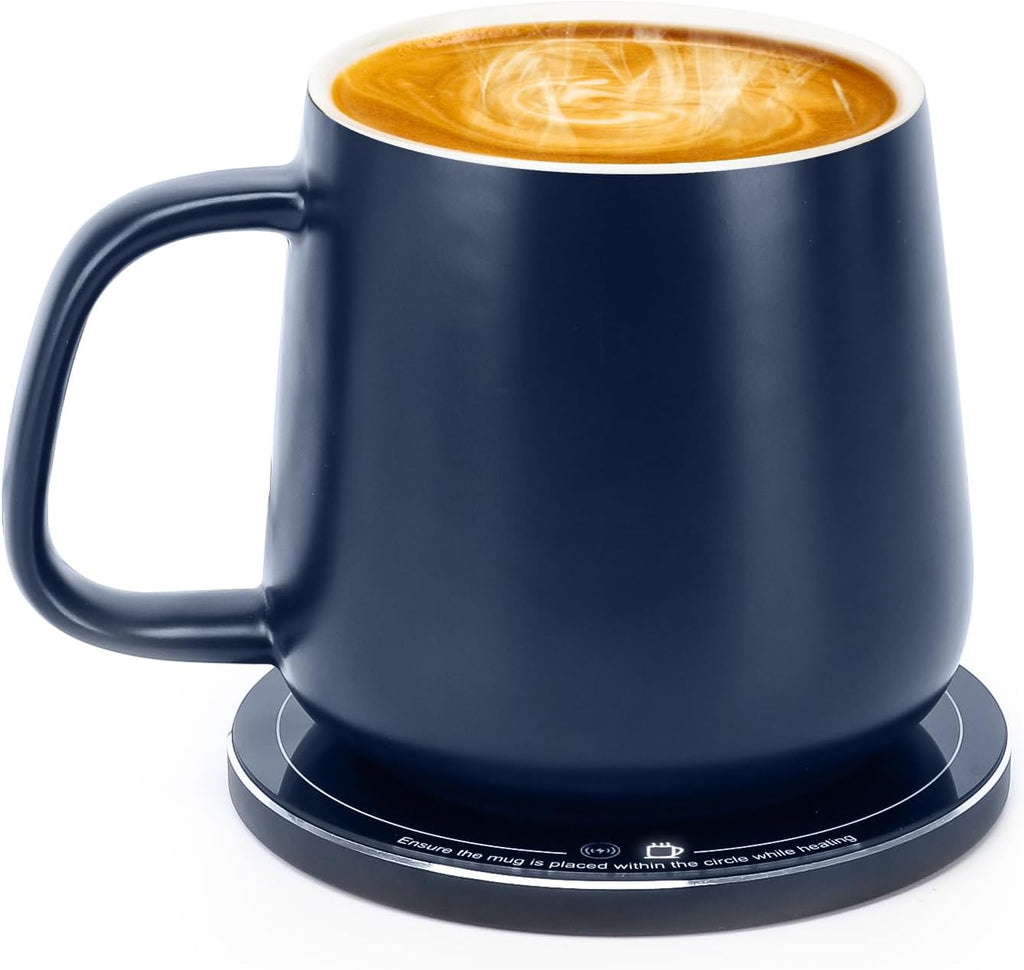 Calentador de tazas APEKX Warm Cup - Temperatura constante inteligente de 55 °C, carga inalámbrica de 15 W, capacidad de 355 ml - Compatible con interfaz USB-C, encendido y apagado automático (4 horas). (Azul marino oscuro) 