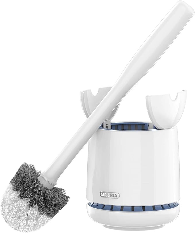 MR.SIGA Escobilla y soporte para inodoro, calidad premium, con mango sólido y cerdas duraderas para limpieza de baño, color blanco