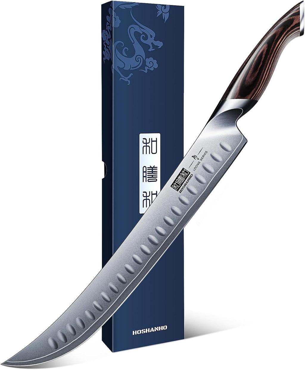 Cuchillo para trinchar y rebanar HOSHANHO, cuchillo japonés de acero al carbono de 30 cm para falda de res con mango ergonómico de madera Pakkawood, cuchillos curvos de carnicero afilados como navajas para cortar carne.
