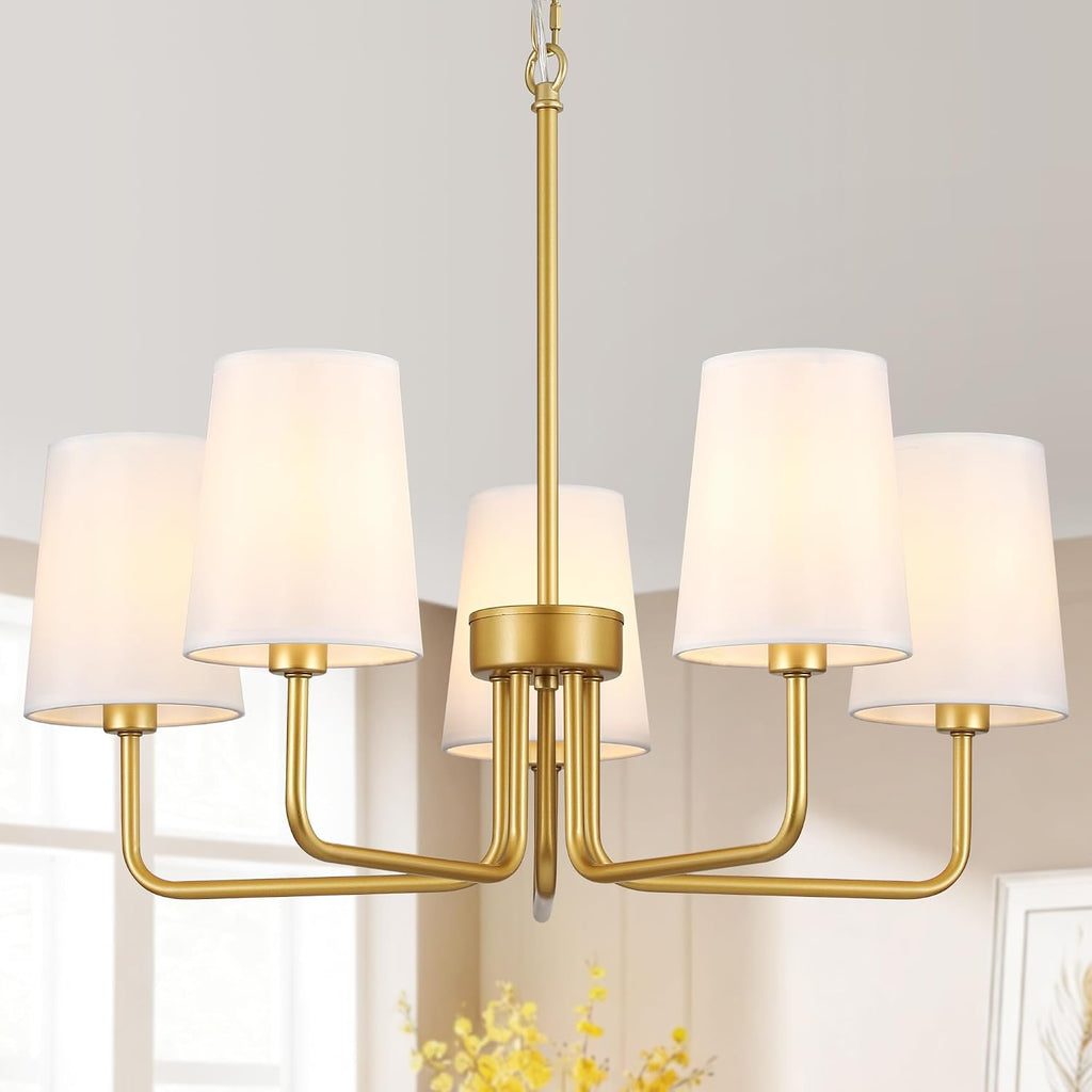 Candelabro Granja Moderno Kveosv 5 Luces Oro Pantalla Tela Blanca Altura Ajustable Luz Colgante Industrial Cocina Encima Mesa 64 cm Fixture Iluminación Comedor Sala