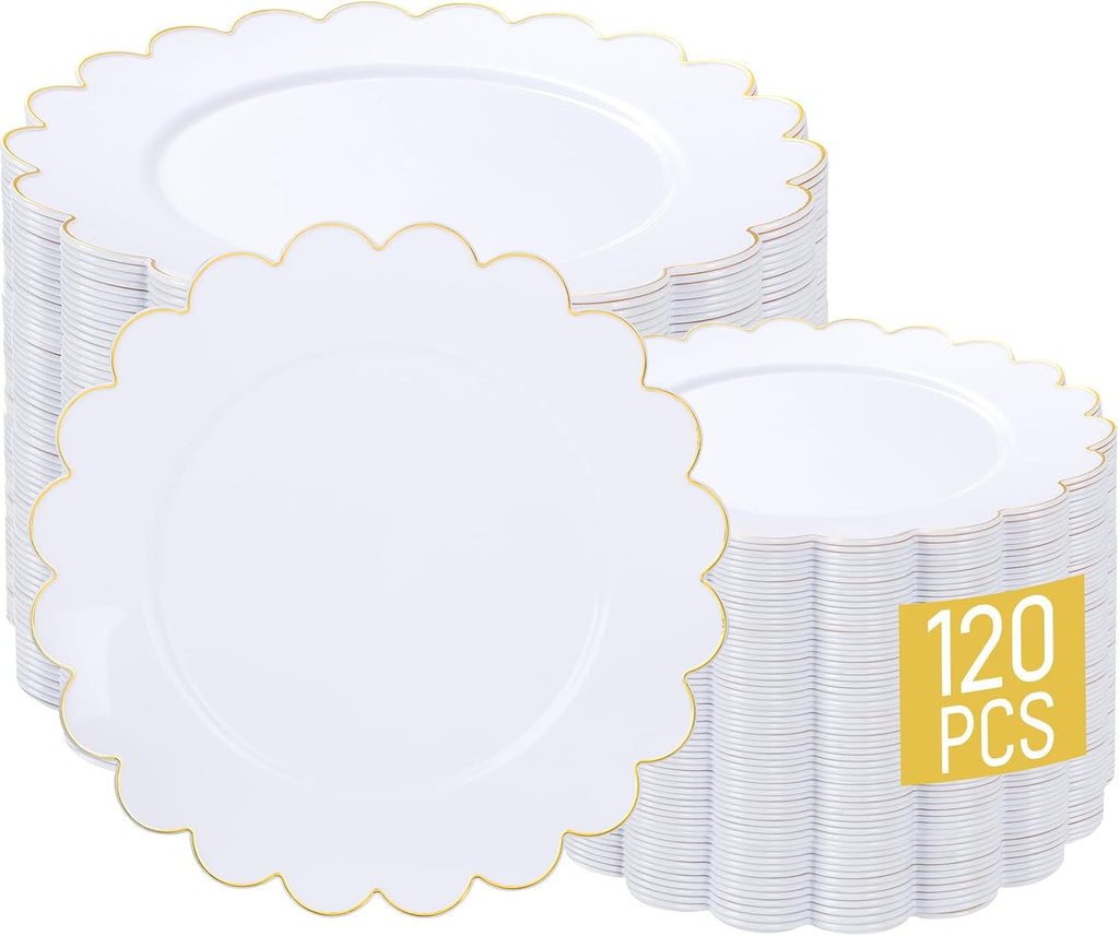 Platos Plasticos Festoneados LIYH 120 Piezas | Borde Dorado Elegante | 60 Llanos 10.25 y 60 Postre 7.5 | Fiesta