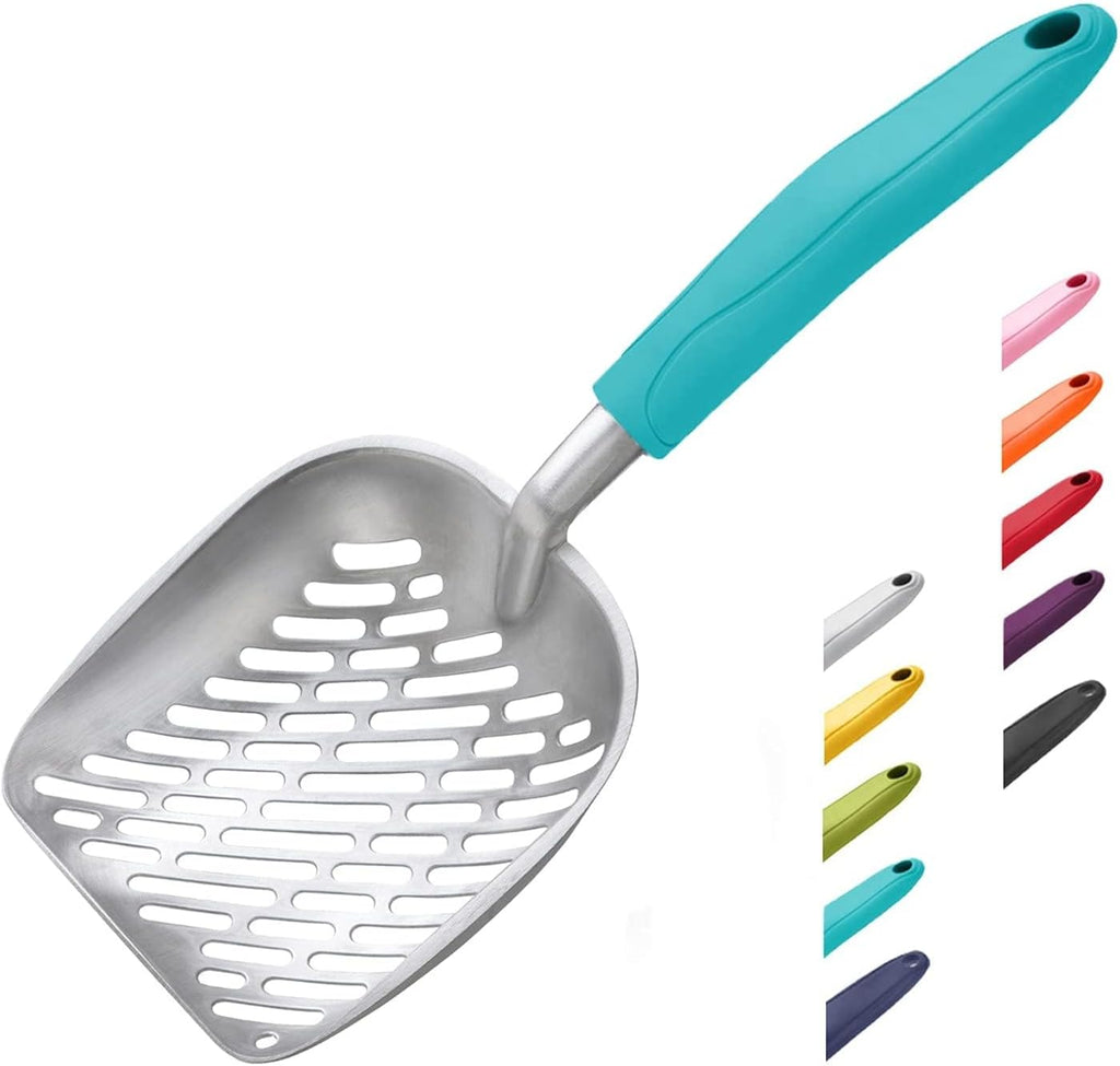 Pala para arena de gato WePet, tamiz de aleación de aluminio, pala metálica para gatitos, pala profunda con orificio de tamizado diagonal, mango largo, elevador de excrementos para arenero, tamaño mediano, mango azul turco.