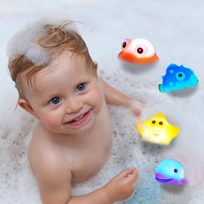 Juguetes de baño, 8 piezas de juguetes de animales de goma flotantes que se iluminan, luz intermitente que cambia de color en el agua, bebés, infantes, niños, niños pequeños, preescolar, bañera, baño