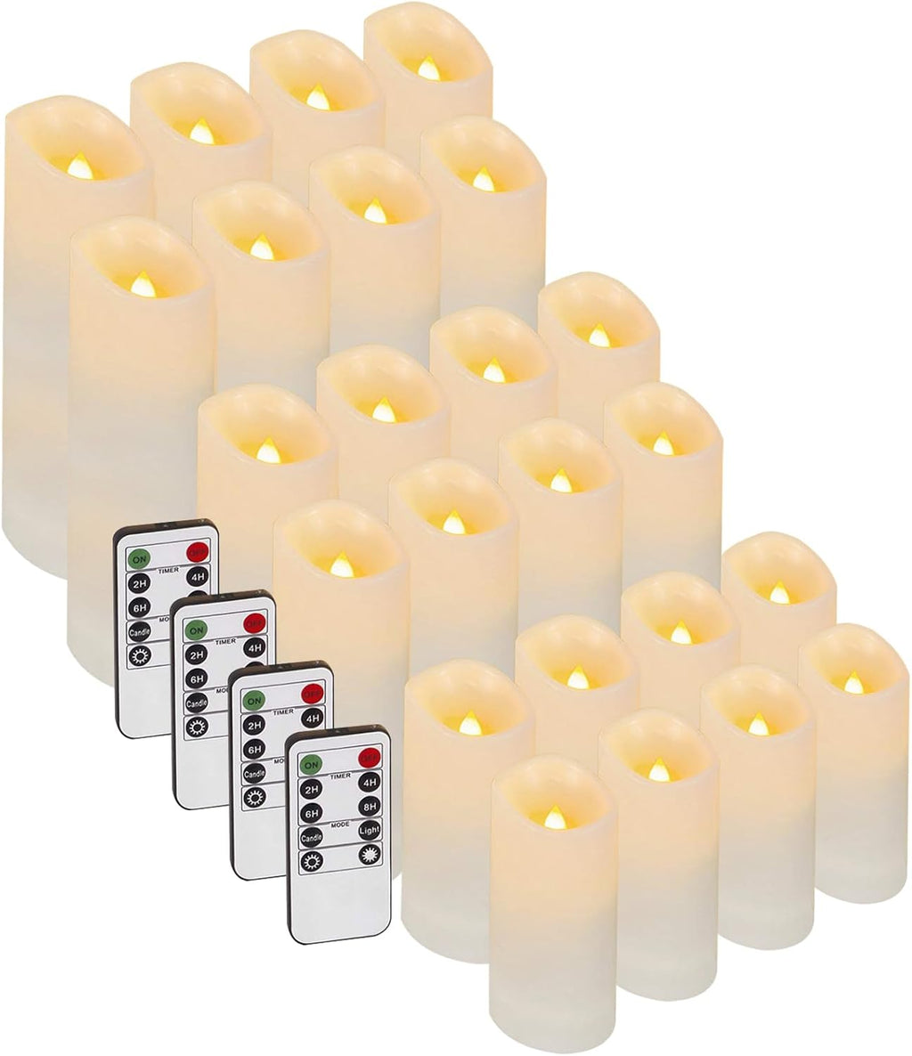 Enido 24 Pc Flameless LED Candles with Remote & Timer - Outdoor Waterproof Flickering Electric Warm Lights, Battery Operated (D 2.2" x H 4"/5"/6")