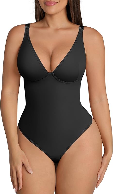 Faja moldeadora FeelinGirl para mujer, traje de cuerpo con control de abdomen para mujer, traje de cuerpo con cuello en V profundo, faja moldeadora tipo tanga