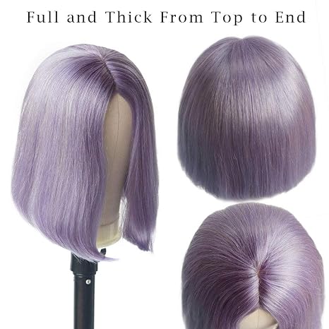 Peluca de cabello real sin encaje de color lila, 180% de densidad, parte media, pelucas cortas estilo Bob de 14 pulgadas para mujeres negras, completamente gruesa, fácil de llevar y llevar