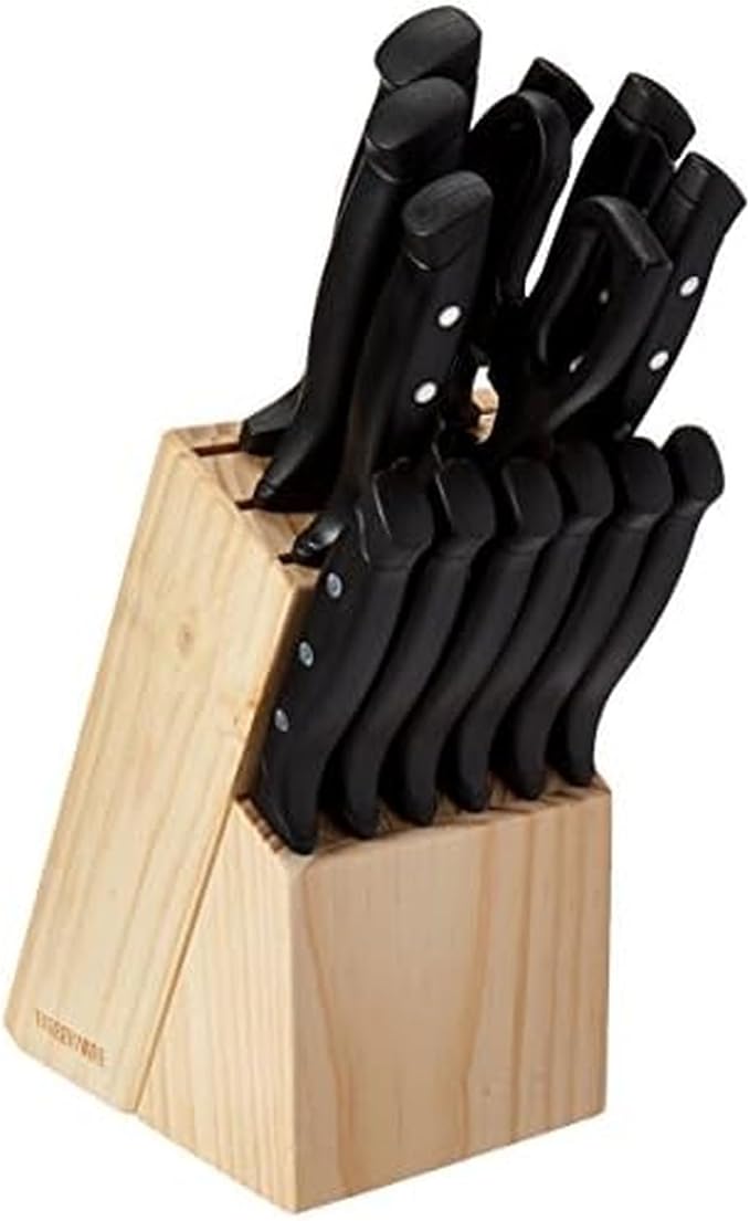 Set de Cuchillos Farberware 22 Piezas con Bloque — Triple Remache, Acero Alto Carbono, Resistente al Óxido, Madera de Haya (Negro)