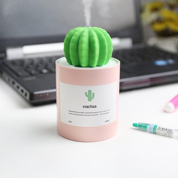 ⚠️ NO CONTIENE EL CABLE CONECTOR TIPO (B) | Minihumidificador, 280ml USB Portátil Cactus Difusor de aire con niebla fría, Funcionamiento Ultra-silencioso para Dormitorio Hogar Oficina Yoga Auto Viajes (Rosa)