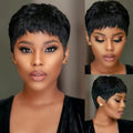 OYM HAIR Peluca de Cabello Humano Corte Pixie | 100% Cabello Virgen Brasileño para Mujeres | Ligeramente Rizada Color 1B