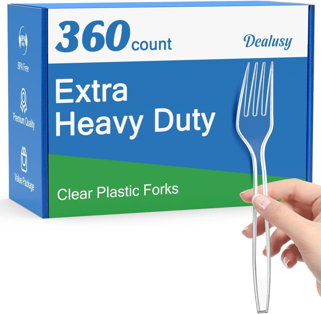 Dealusy 360 Tenedores de Plástico Transparente Extra Resistentes | Desechables sin BPA, Resistentes al Calor | A Granel para Fiestas