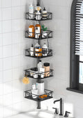 Skycarper 5 Tier Adjustable Corner Shower Caddy Organizer with Hooks,Rustproof Tension Pole 62-116 Inch, Black