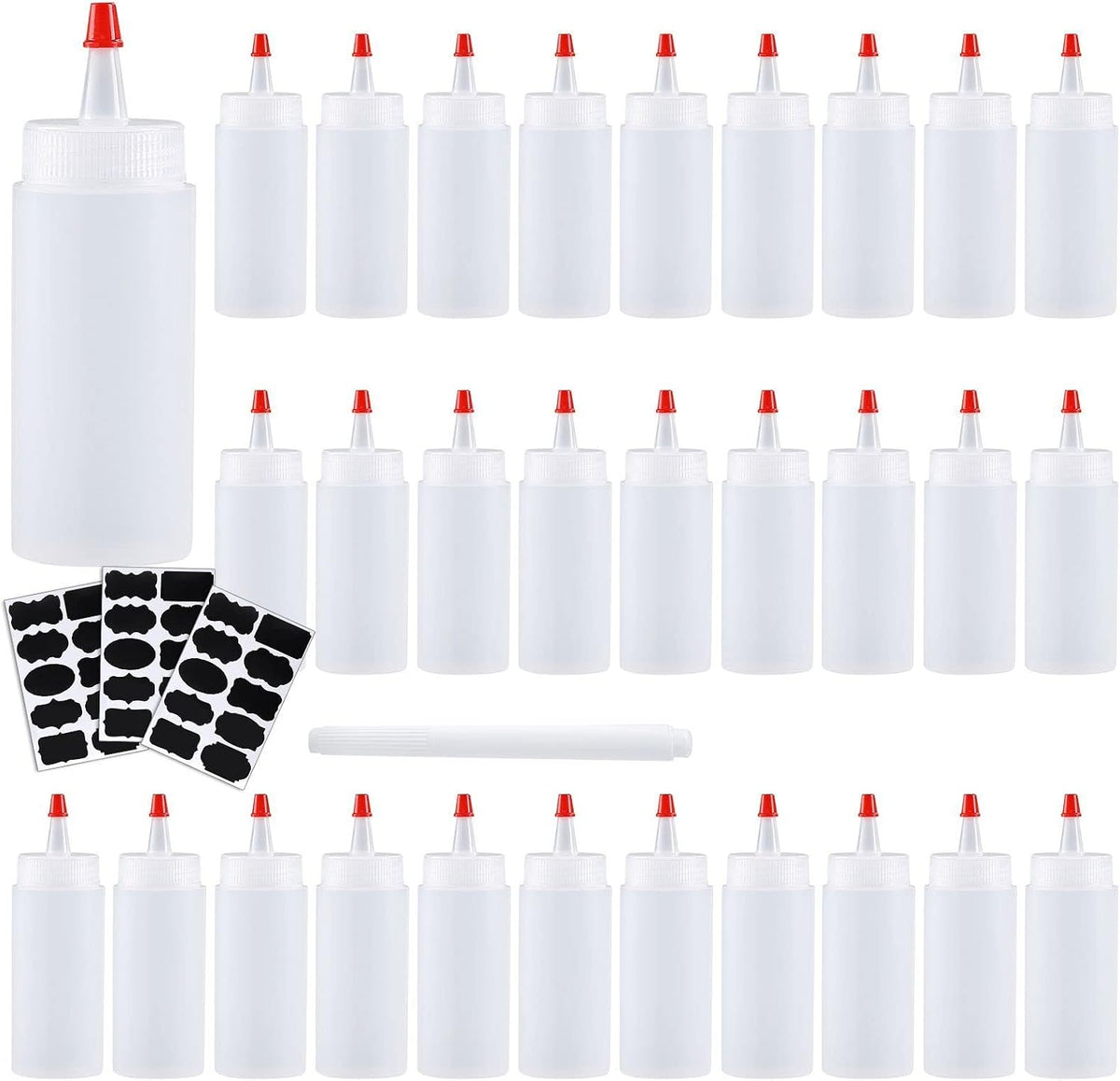 Botellas Exprimibles Shekure Pack 30 – 118ml, Grado Alimenticio, Libre de BPA, con Etiquetas y Bolígrafo Decorativo