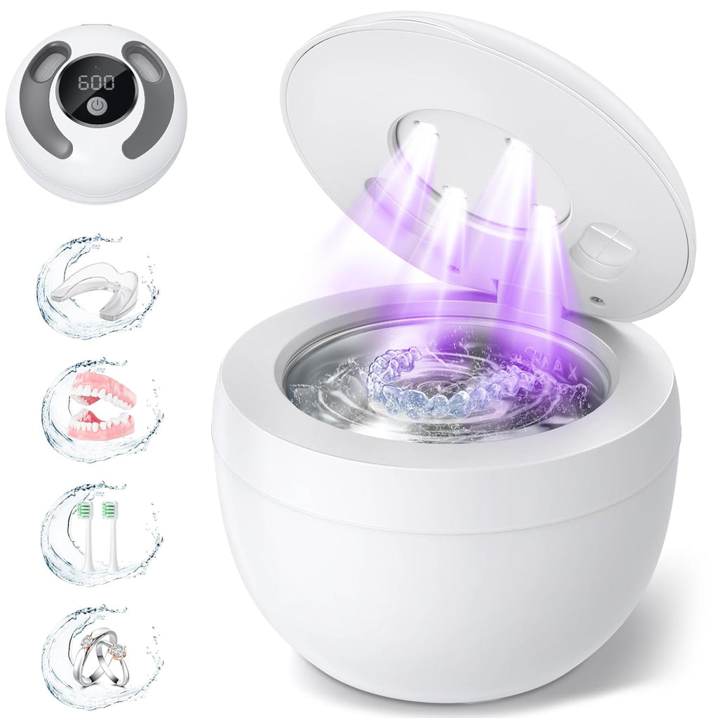 Dental Ultrasonic Retainer Cleaner Machine: 45kHz Dental Cleaning Pod for Denture, Mouth Guard, Night Guard, Aligner, Braces, Toothbrush Head & Jewelry, UV Cleaner with Digital Timer & 4 Modes, White