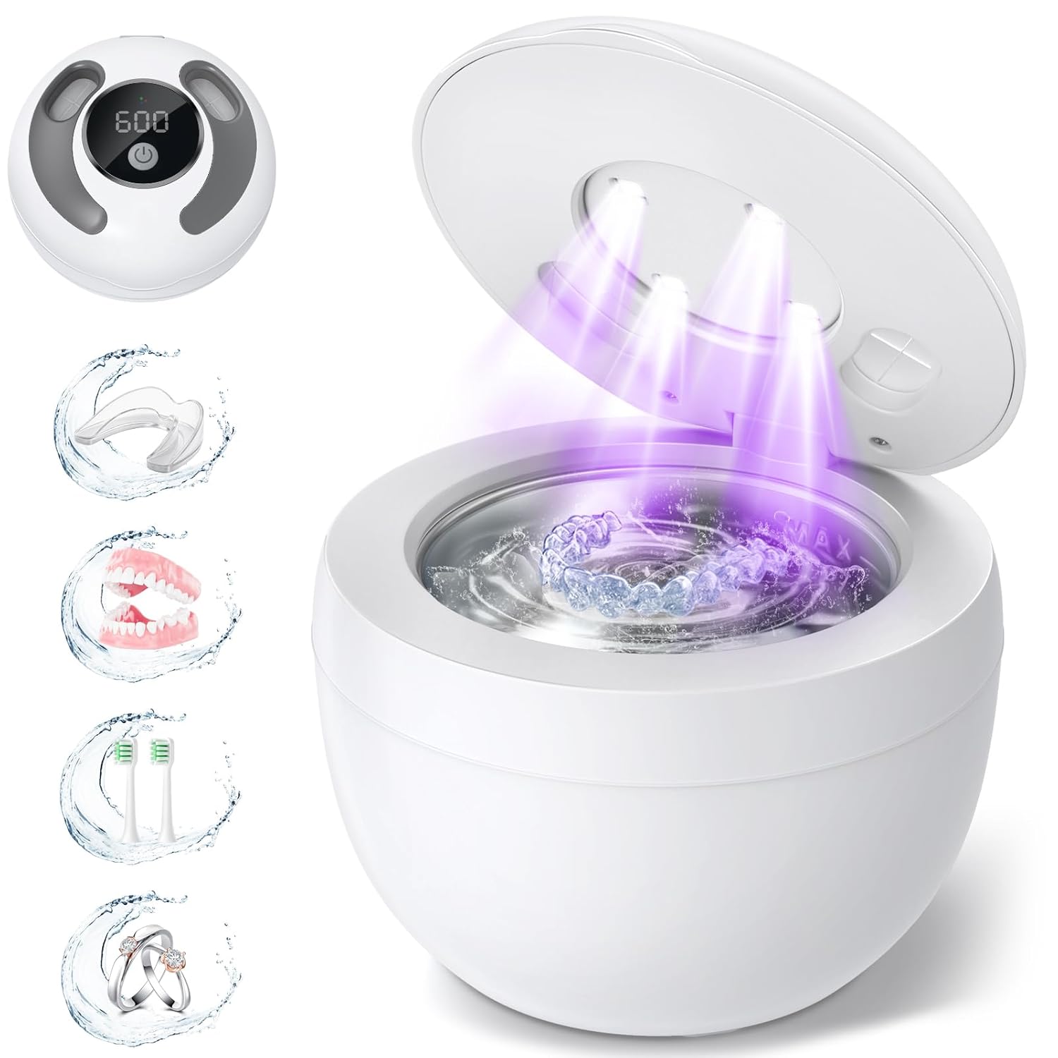 Dental Ultrasonic Retainer Cleaner Machine: 45kHz Dental Cleaning Pod for Denture, Mouth Guard, Night Guard, Aligner, Braces, Toothbrush Head & Jewelry, UV Cleaner with Digital Timer & 4 Modes, White
