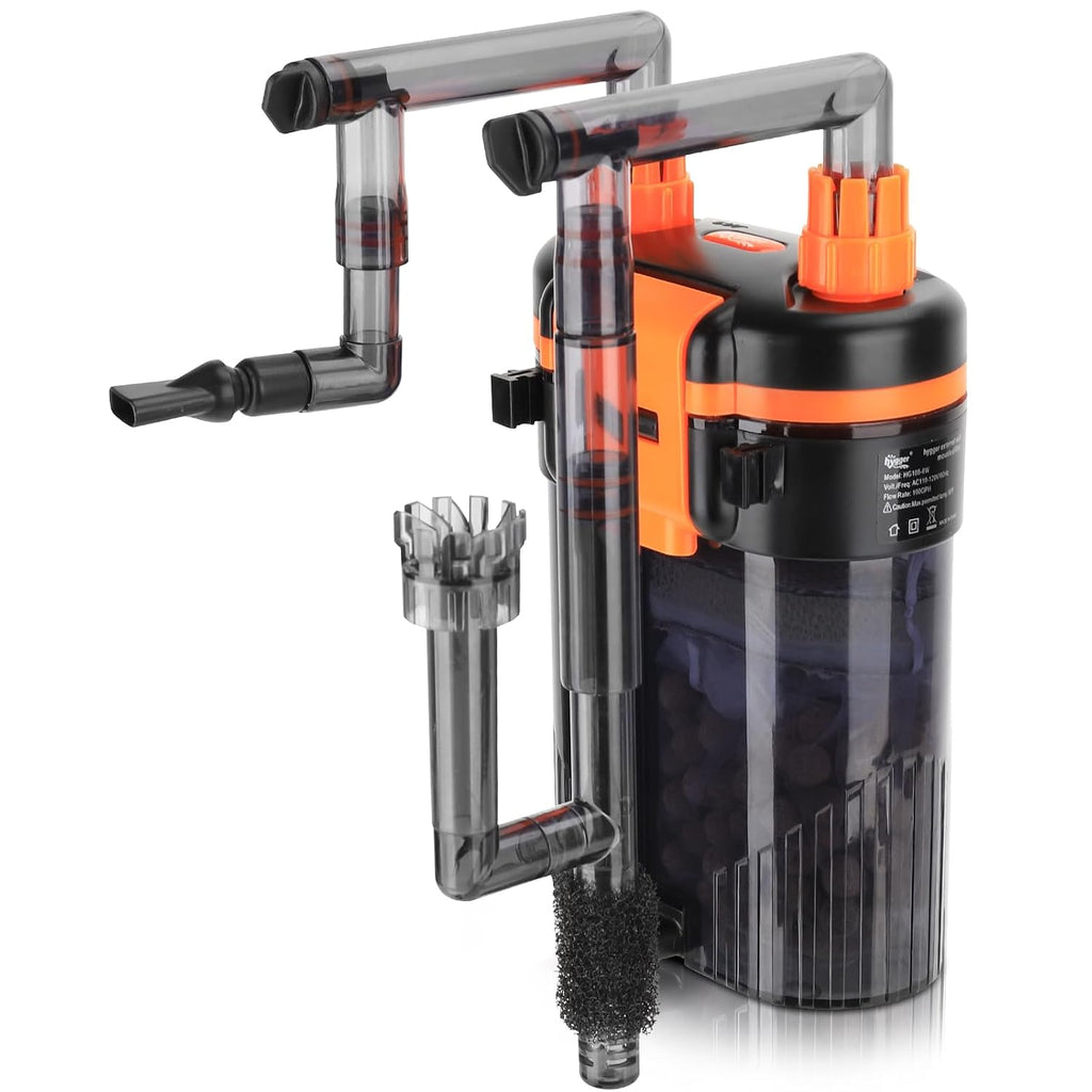 Filtro externo de acuario Hygger para colgar en la parte posterior, filtro silencioso para peceras con filtración de 3 etapas, motor anti-quemado en seco, flujo ajustable, skimmer de aceite, boquilla de pico de pato, barra rociadora de ducha (6W, 10-20