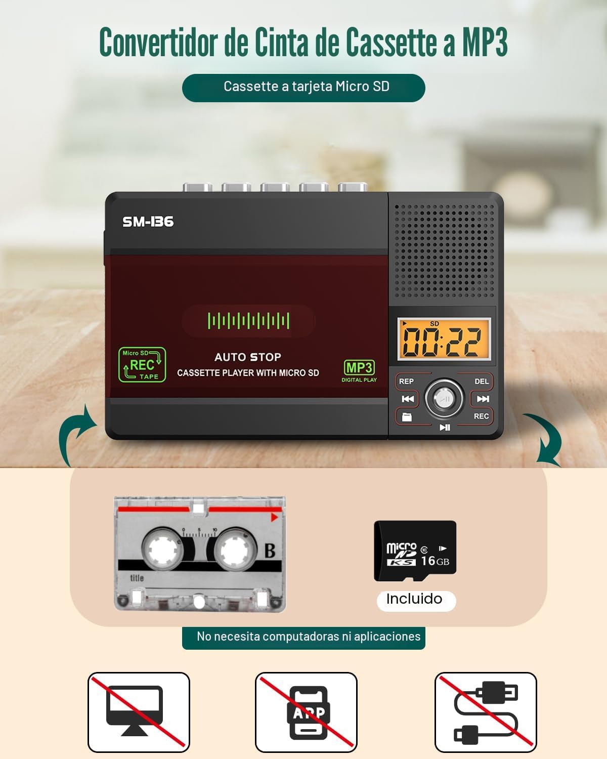⚠️ NO INCLUYE TARJETA SD — Reproductor y Convertidor de Casetes SEMIER — USB-C, Convierte a MP3, Altavoz y Auriculares