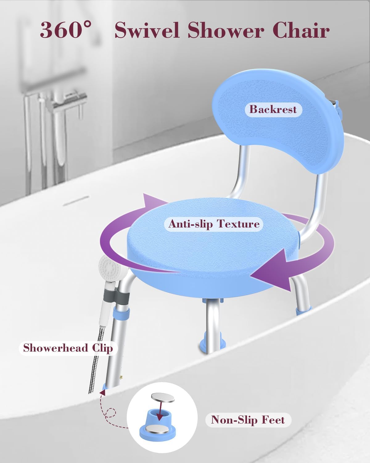 Silla de ducha giratoria, asiento de ducha antideslizante de 360° con respaldo para personas mayores y discapacitadas, banco de transferencia giratorio de altura ajustable para bañera, para baño de personas mayores, dentro de la ducha (azul).