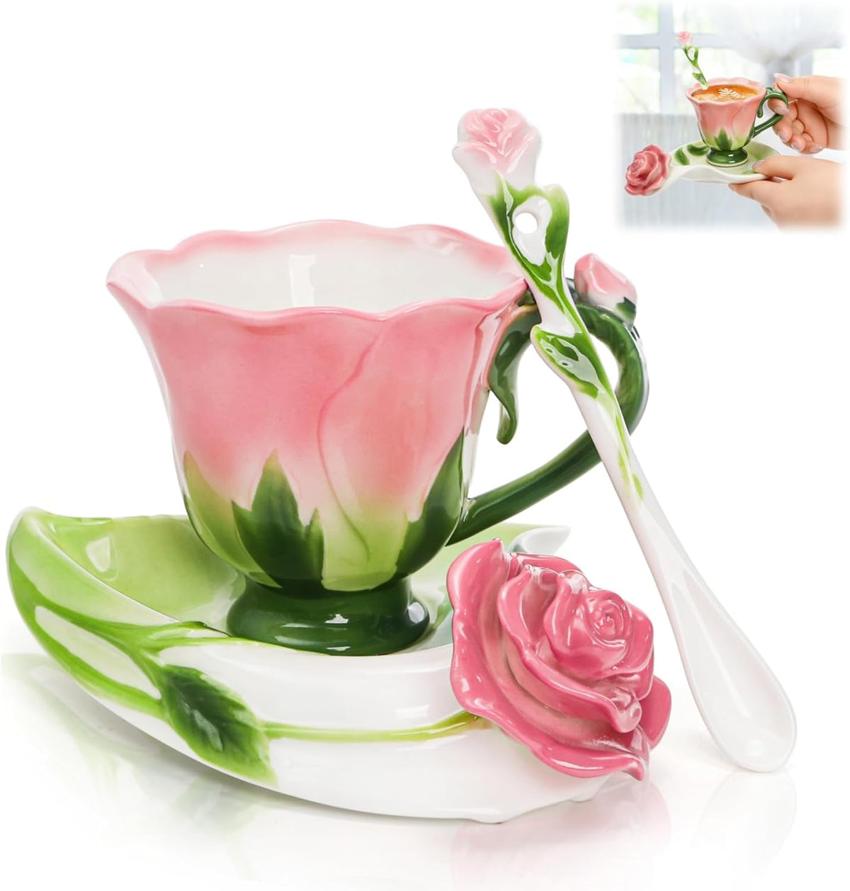 Tazas de té Cididu rosas con platillo y cuchara, juego de taza de té de cerámica pequeña de 132 ml con diseño de rosa para mujeres y niñas, taza de café latte vintage hecha a mano, vajilla elegante para el Día de la Madre, regalo de cumpleaños, boda
