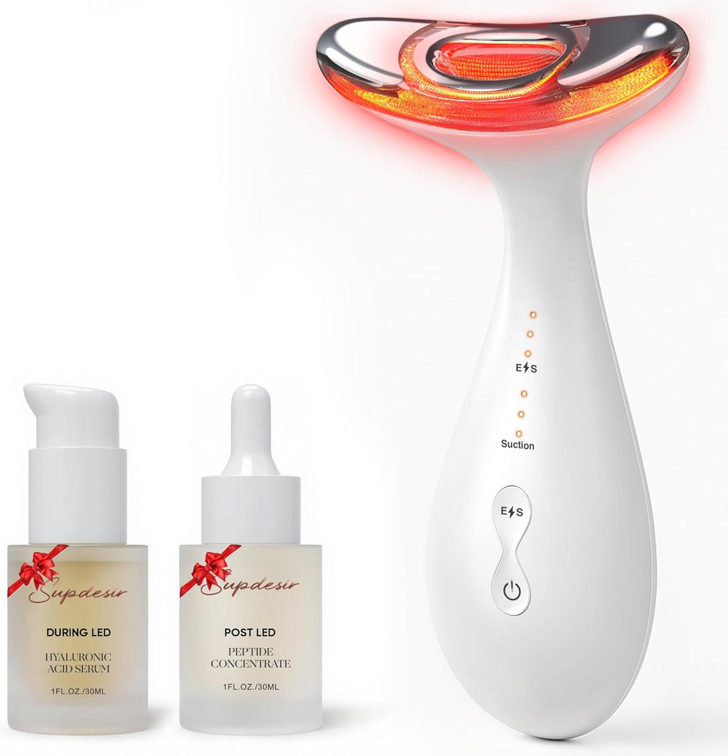 Masajeador de belleza 3 en 1 con luz roja Aurora para rostro y cuello, con succión, vibración y calor. 3 terapias de luz para iluminar la piel, reafirmar el rostro y reafirmar el cuello. Color blanco. 