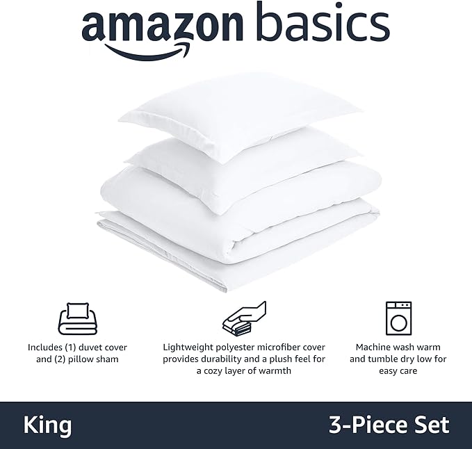 Amazon Basics Juego de funda de edredón de microfibra ligera de 3 piezas con cierre de cremallera, King, blanco brillante, liso