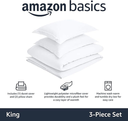 Amazon Basics Juego de funda de edredón de microfibra ligera de 3 piezas con cierre de cremallera, King, blanco brillante, liso