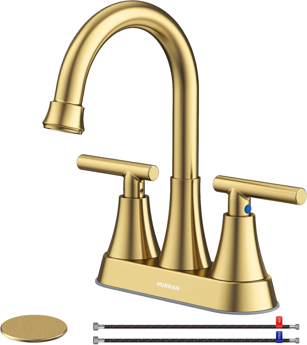 Grifo de Lavabo Dorado Cepillado 4 pulgadas | Centerset 2 Manijas de Acero Inoxidable Sin Plomo con Desague y Mangueras para Bano y RV