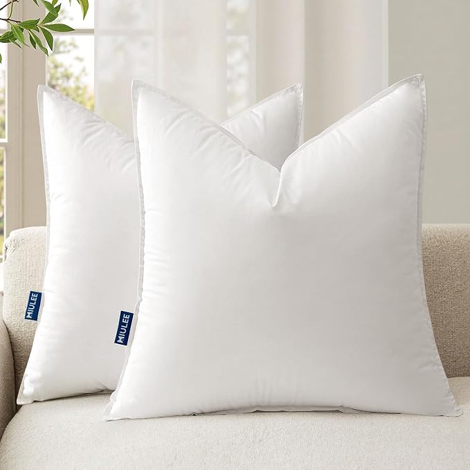 MIULEE 18x18 Insertos de almohada decorativos, juego de 2 insertos de almohada con suave funda de algodón, insertos de almohada esponjosos y acogedores para sofá cuadrado de interior, color blanco