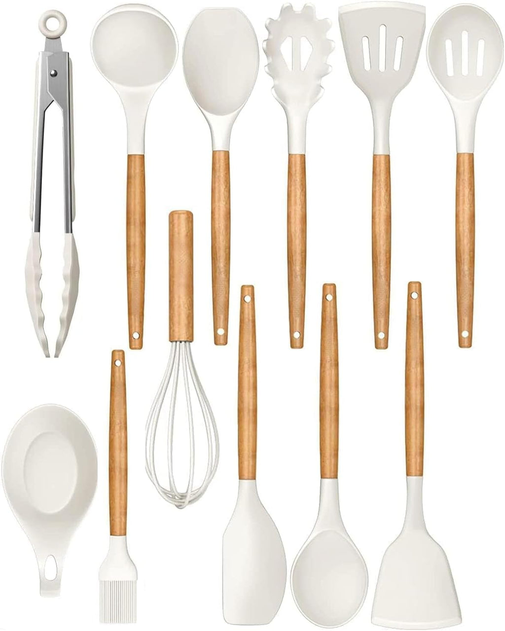 Set de Utensilios de Cocina de Silicona con Mango de Madera y Soporte – Resistente al Calor, Antiadherente, Blanco