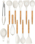 Set de Utensilios de Cocina de Silicona con Mango de Madera y Soporte – Resistente al Calor, Antiadherente, Blanco