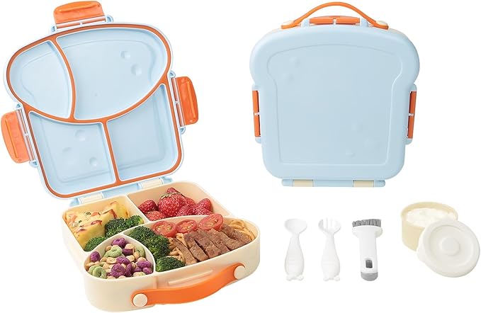 SAYAPE Lonchera Bento para niños, contenedor de comida con 4 compartimentos en forma de tostada, con taza de salsa, utensilios y cepillo, sin BPA, contenedor reutilizable con tapa, ideal para la escuela y viajes, color azul