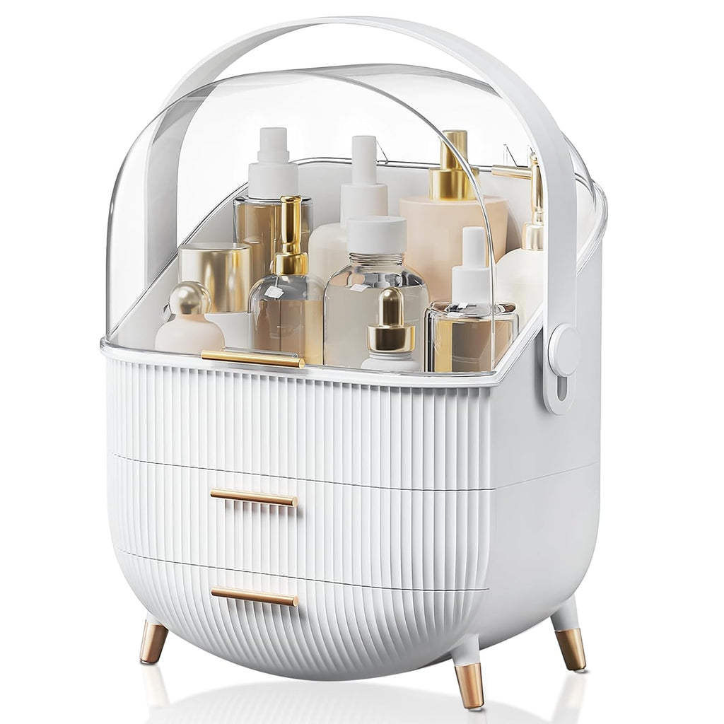 Organizador de maquillaje, organizador de tocador, almacenamiento de cosméticos de encimera con cajones y cubierta transparente para dormitorio y baño, blanco 