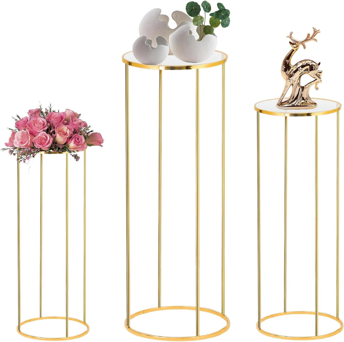 3 soportes cilíndricos para fiestas, soportes cilíndricos redondos de metal dorado para plantas y flores de fiesta, columnas de exhibición, mesas cilíndricas para jarrones y decoraciones de fondo para fiestas de cumpleaños.