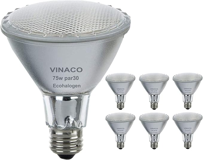 Vinaco Halógeno PAR30 cuello largo 75 W 120 V, paquete de 6 halógenos de alto rendimiento PAR30 regulable 2800 K blanco cálido con base E26, larga vida útil larga bombilla de inundación