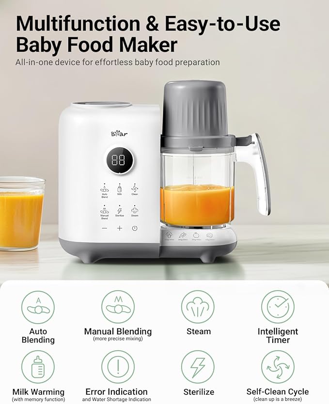 Bear Baby Food Maker with 18.5oz Dual-Layer Steam Baskets, OneStep Baby Food Processor Steamer Puree Blender Grinder Mills, Auto Cooking Grinding&Sterili-zing for Healthy Homemade Baby Food, BPA-Free