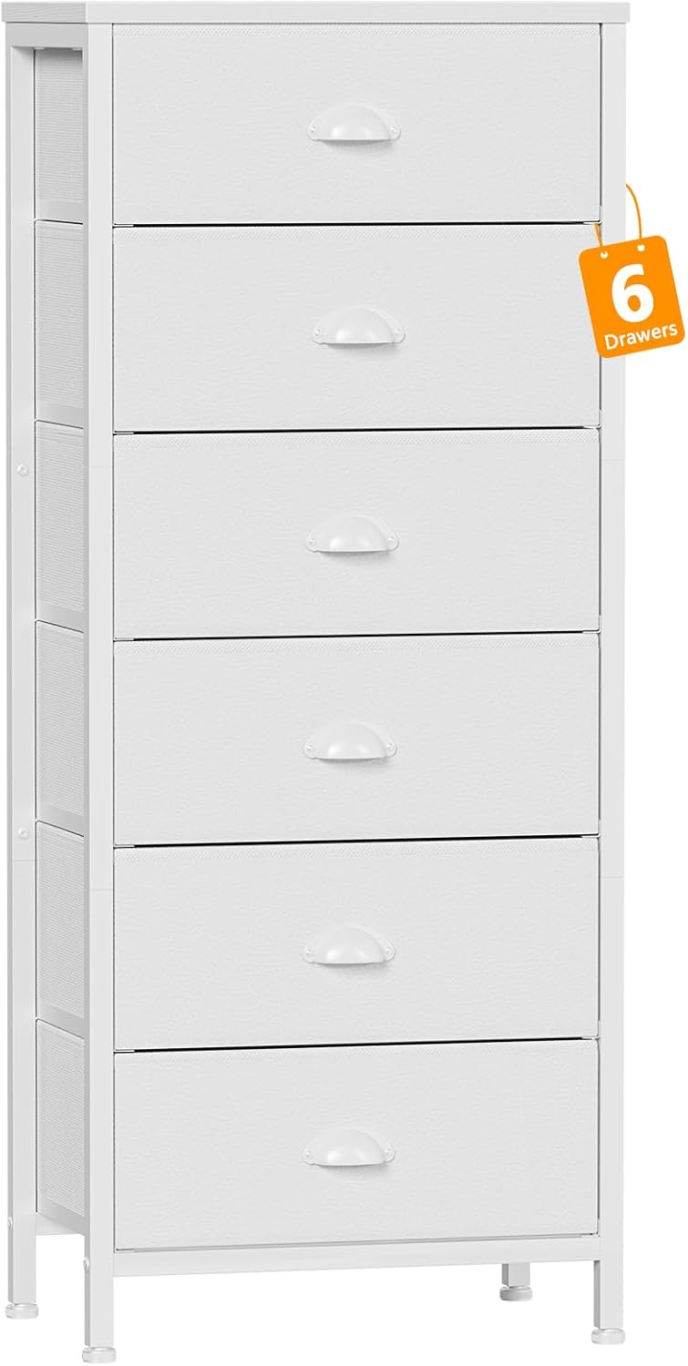 Cómoda alta blanca Furnulem para dormitorio, unidad de almacenamiento vertical y mesa auxiliar con 6 cajones de tela, mesita de noche con organizador de cajones para sala de estar, armario, entrada, pasillo.