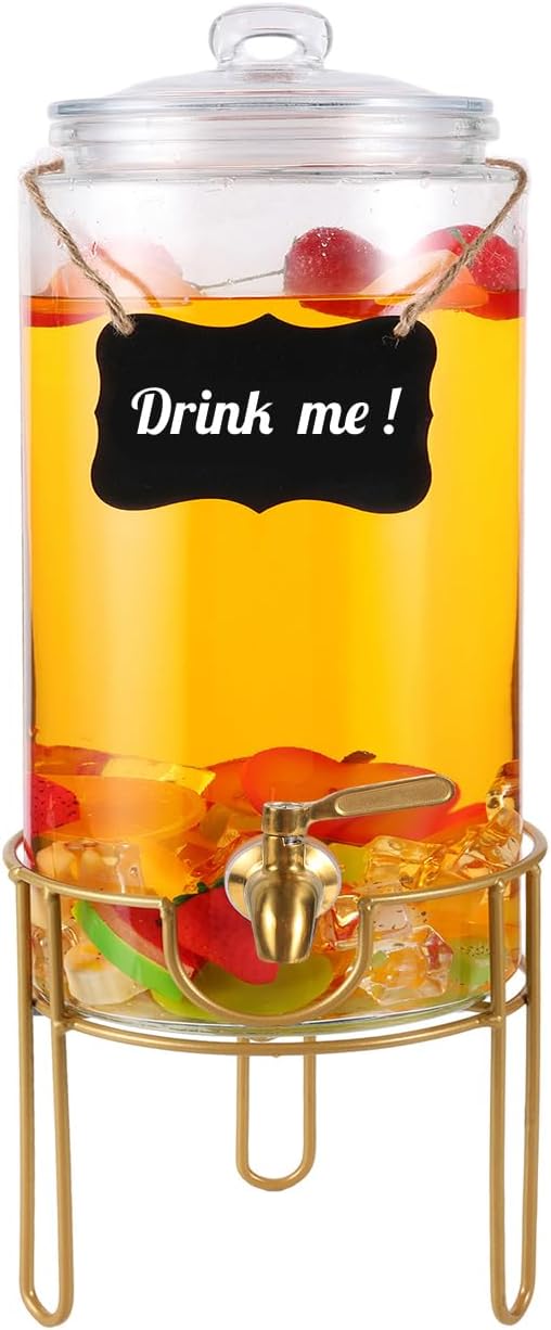 Dispensador de bebidas para fiestas de 1 galón, dispensador de bebidas con soporte, dispensador de bebidas de vidrio con grifo de acero inoxidable + marcador y pizarra, ideal para limonada, jugo, té y bebidas para fiestas.