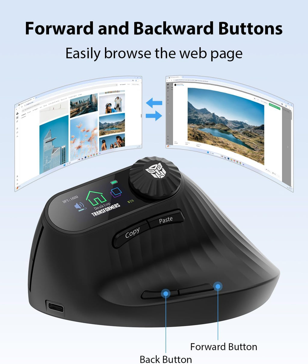 Transformers Ratón Vertical Ergonómico con Pantalla LED y Control de Perilla, Ratón Vertical Inalámbrico Recargable, Conectividad para 3 Dispositivos (2.4G + Bluetooth Dual), Clics Silenciosos
