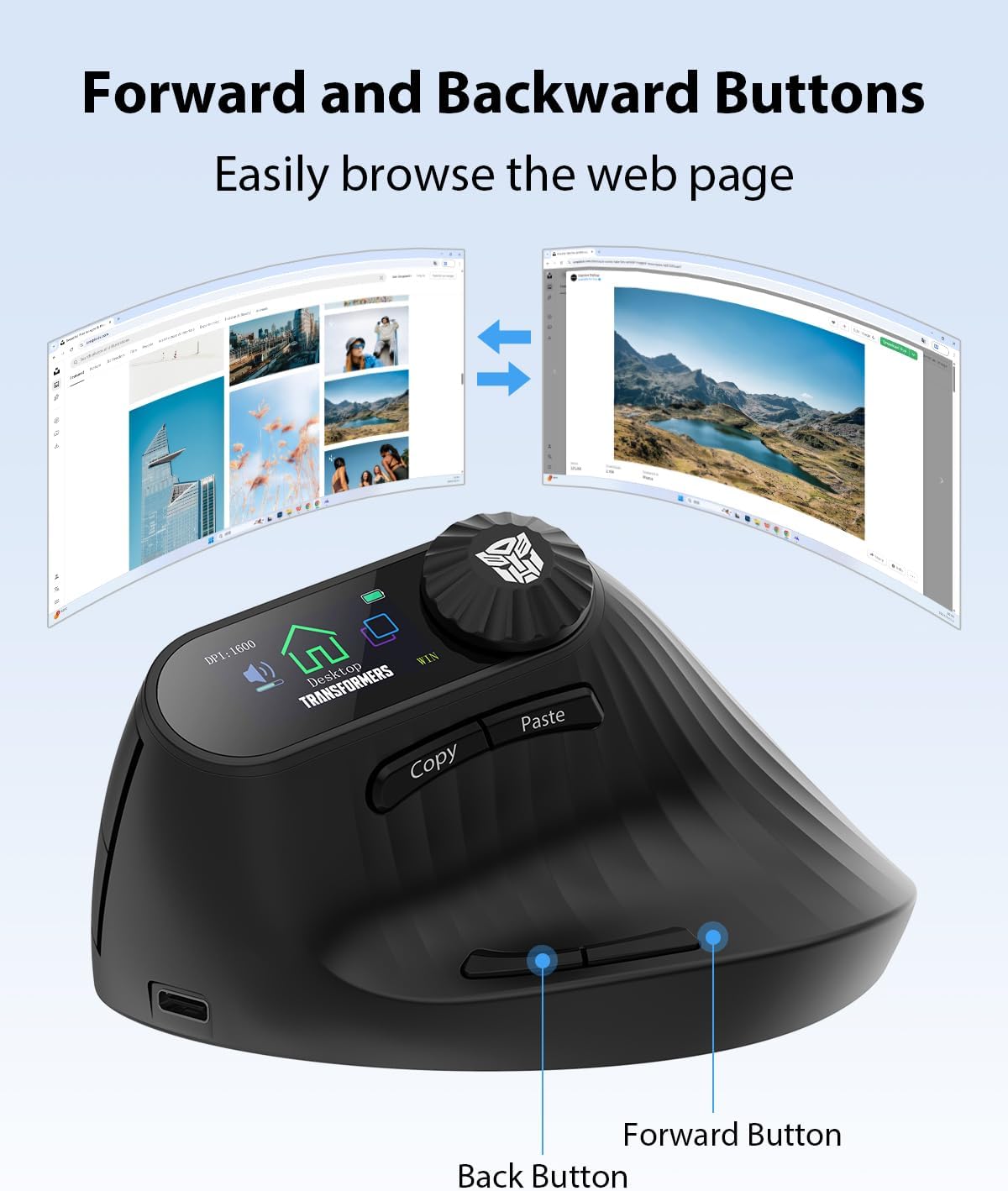 Transformers Ratón Vertical Ergonómico con Pantalla LED y Control de Perilla, Ratón Vertical Inalámbrico Recargable, Conectividad para 3 Dispositivos (2.4G + Bluetooth Dual), Clics Silenciosos