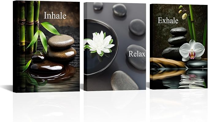 Cuadros Zen FuShvre 3 Paneles Enmarcados 12"x16" | Bambú, Loto y Orquídea para Baño y Meditación
