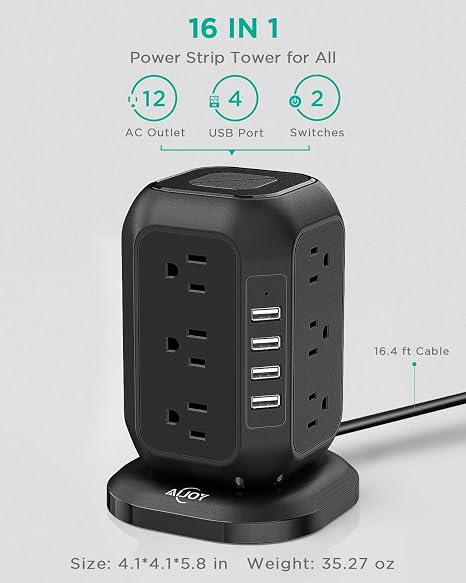 AiJoy Regleta de alimentación con cable de 16.4 pies y regleta de alimentación con puertos USB C, estación de carga USB con protección contra sobrecarga, sala de estar, oficina, dormitorio