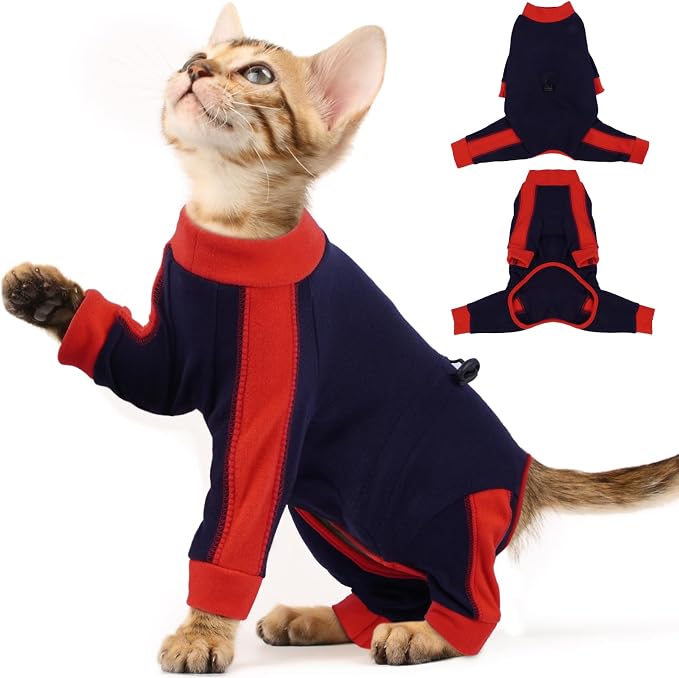 Pijama para gatos (solo para gatos), ropa para gatos con pelo pegajoso, ropa de manga larga para gatos Sphynx, traje anti-lamido o de recuperación de enfermedades de la piel para gatas, pijama enterizo para gatitos, azul oscuro, talla XS
